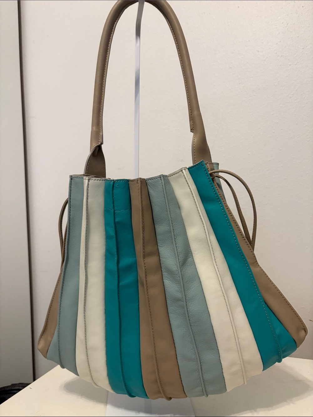 Leather multi colored panel purse in Teal, Cream & Taupe. Made in Italy.